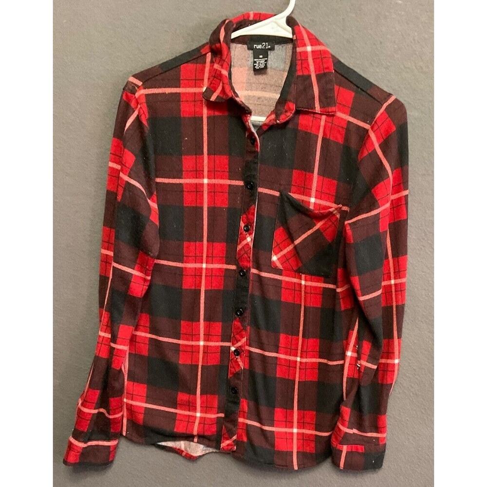 Rue21 Women's XS Plaid Flannel Shirt Red Black Grunge Layering‎